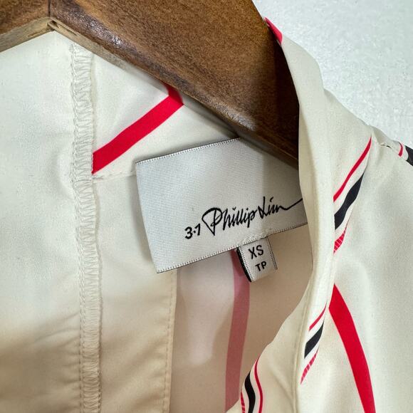 3.1 PHILLIP LIM | Ivory Red Striped Stand Collar Cap Sleeve Tie Hem Designer Top - Picture 13 of 15